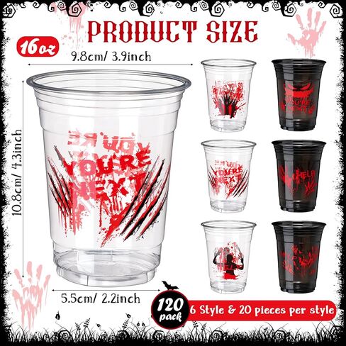 Sliner 120 Pack Plood Print Plastic Coups - 16 Oz Ploody Print Print Accoupable Halloween Concture For Scary Party Supplies ، Juice ، Soda Decorations in Kuwait