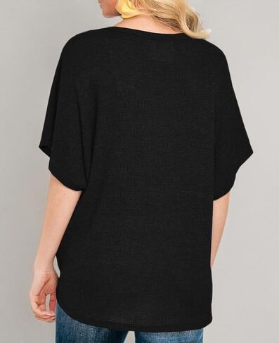 IWOLLENCE المرأة فضفاضة هينلي بلوزة الخفافيش الجناح قصيرة الأكمام زر أسفل تي شيرت التعادل الجبهة عقدة القمم in Kuwait