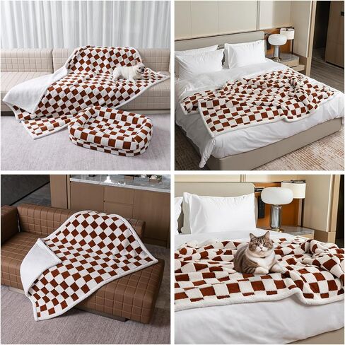 Waterproof Pet Blanket, Brown Checked Pets Throw Blankets for Dog Bed Covers Couch Sofa Stylish Jacquard for Puppy Cats Washable Reversible Furniture Protection Covers (Coffee Check,M) in Kuwait