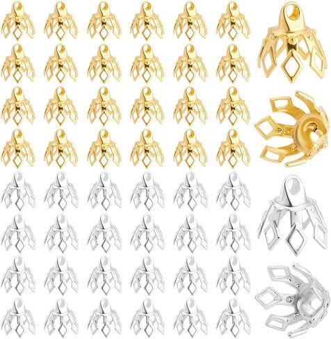 200pcs 2 Colors Brass Bead Cap Bails 7-Petal Flower Bead End Caps 8x8mm Bail End مع حلقات لأقراط الأساور المعلق in Kuwait