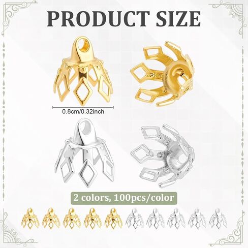 200pcs 2 Colors Brass Bead Cap Bails 7-Petal Flower Bead End Caps 8x8mm Bail End مع حلقات لأقراط الأساور المعلق in Kuwait
