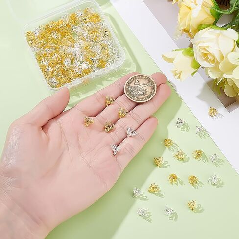 200pcs 2 Colors Brass Bead Cap Bails 7-Petal Flower Bead End Caps 8x8mm Bail End مع حلقات لأقراط الأساور المعلق in Kuwait
