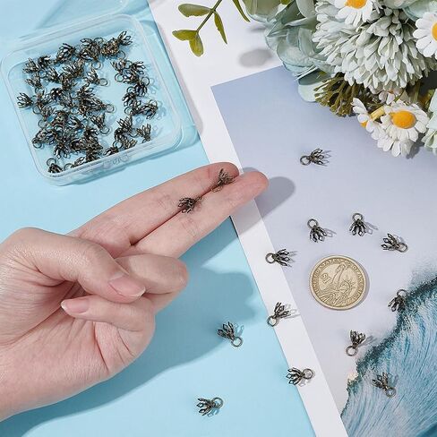 200pcs 2 Colors Brass Bead Cap Bails 7-Petal Flower Bead End Caps 8x8mm Bail End مع حلقات لأقراط الأساور المعلق in Kuwait
