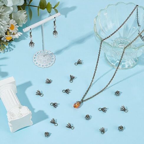 200pcs 2 Colors Brass Bead Cap Bails 7-Petal Flower Bead End Caps 8x8mm Bail End مع حلقات لأقراط الأساور المعلق in Kuwait