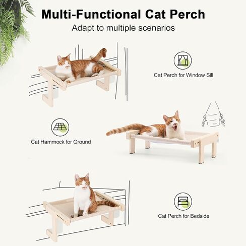FUKUMARU Cat Window Perch, Transformable Cat Hammock with Fluffy Cushion for Windowsill and Floor, Cats Window Bed for Large Cats and Kittens, Reinforced Wood and Metal Frame, Easy to Adjust Pet Pech in Saudi Arabia