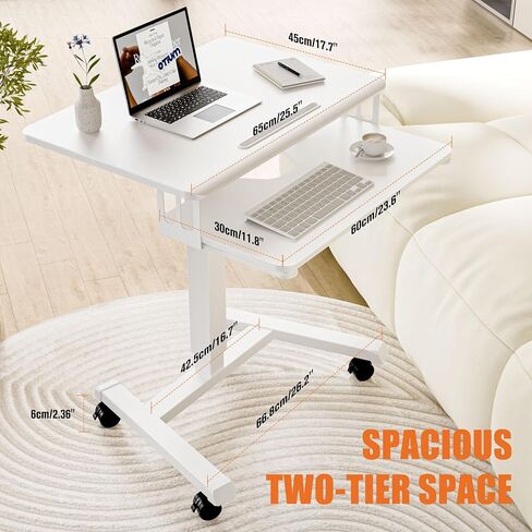 Mobile Standing Desk with Keyboard Tray, Gas Spring Rolling Desk with Lockable Wheels, Portable Laptop Desk, Adjustable Height Stand Up Desk, Computer Workstation Home Office, White in Kuwait