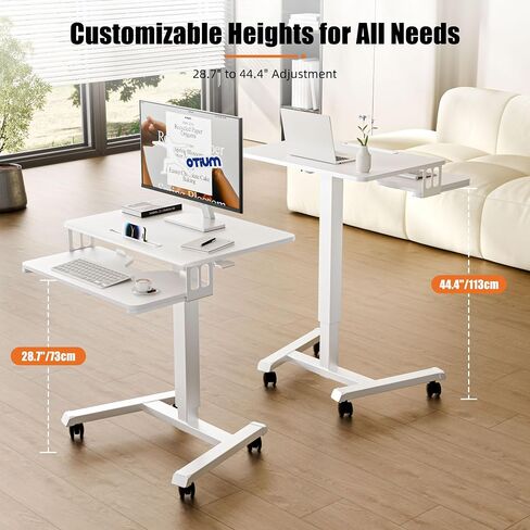 Mobile Standing Desk with Keyboard Tray, Gas Spring Rolling Desk with Lockable Wheels, Portable Laptop Desk, Adjustable Height Stand Up Desk, Computer Workstation Home Office, White in Kuwait