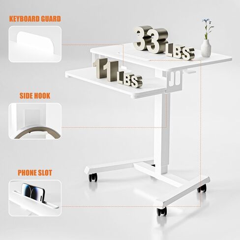 Mobile Standing Desk with Keyboard Tray, Gas Spring Rolling Desk with Lockable Wheels, Portable Laptop Desk, Adjustable Height Stand Up Desk, Computer Workstation Home Office, White in Kuwait