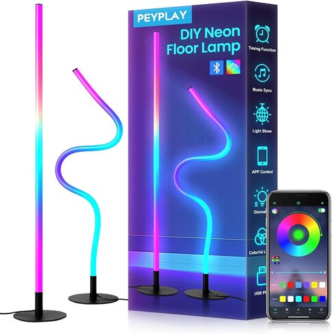 RGB LED LED مصباح أرضية الزاوية ، شكل ذكي قابل للتعديل ، مزامنة الموسيقى ، 16 مليون ألوان DIY ، التحكم عن بُعد والتطبيق ، ضوء الوقوف الحديث لغرفة معيشة غرفة النوم (قاعدة دائرية) in Saudi Arabia