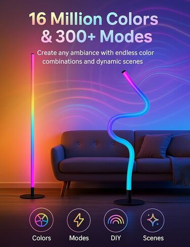 RGB LED LED مصباح أرضية الزاوية ، شكل ذكي قابل للتعديل ، مزامنة الموسيقى ، 16 مليون ألوان DIY ، التحكم عن بُعد والتطبيق ، ضوء الوقوف الحديث لغرفة معيشة غرفة النوم (قاعدة دائرية) in Saudi Arabia