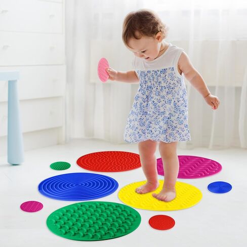 Lenwen 10 Pcs Sensory Discs Mat Sensory Stepping Circles Pads Textured Tactile Toys Stimulation for Calming Play and Early Learning Kids Matching Game Disorder Autistic Children ADHD (Classic Color) in Saudi Arabia