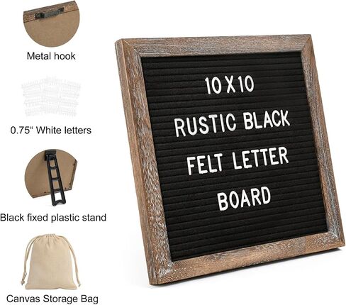 Rustic Felt Letter Board with 340 Changeable Letters&Numbers, 10"x10" Message Board Letter Sign Board in Rustic Frame with Stand and Canvas bag for Announcement&Notification(Rustic Black) in Kuwait