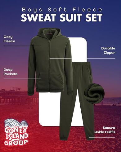 Coney Island Boys' Active Sweatsuit - 2 Piece Fleece Zip Hoodie Sweatshirt and Jogger Sweatpants - Activewear for Boys (5-16) in Kuwait