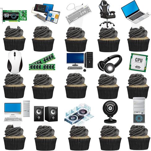 48pcs كمبيوتر موضوع الحزب كب كيك أعلى القبعات الكمبيوتر عيد ميلاد حفلة كعكة الكعك اختيار ديكورات للذكاء موضوع عيد ميلاد حفلة استحمام الطفل in Saudi Arabia