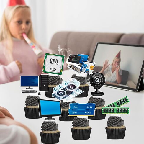48pcs كمبيوتر موضوع الحزب كب كيك أعلى القبعات الكمبيوتر عيد ميلاد حفلة كعكة الكعك اختيار ديكورات للذكاء موضوع عيد ميلاد حفلة استحمام الطفل in Saudi Arabia