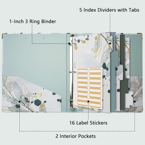 3 Ring Binder, 1 Inch Round Ring Organizer with 5 Tab Dividers and 16 File Folder Labels, 8.5"x11" Letter Size Binder for School and Office, Greenery in Kuwait