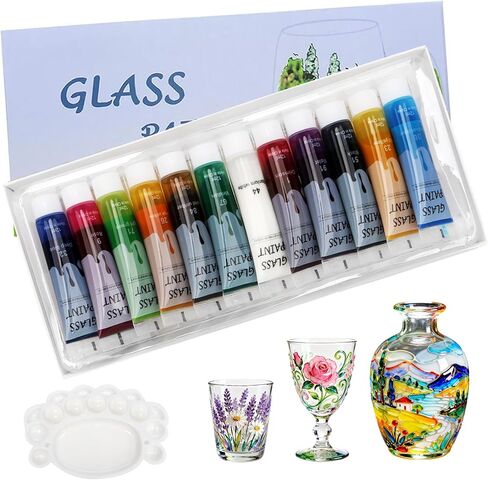 طلاء Magicdo Glass Paint ملون من الزجاج الشفاف مجموعة رائعة للطلاء الزجاجي ، ونظارات النبيذ ، ومصابيح الضوء ، والسيراميك ، وغير سامة (12 لونًا × 12 مل مع لوحة) in Kuwait