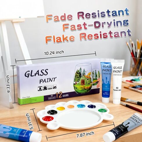 طلاء Magicdo Glass Paint ملون من الزجاج الشفاف مجموعة رائعة للطلاء الزجاجي ، ونظارات النبيذ ، ومصابيح الضوء ، والسيراميك ، وغير سامة (12 لونًا × 12 مل مع لوحة) in Kuwait