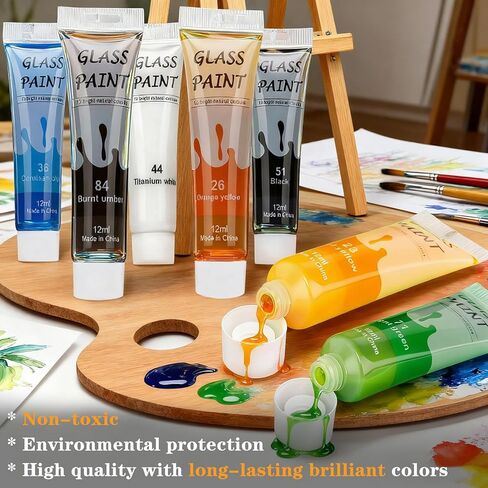 طلاء Magicdo Glass Paint ملون من الزجاج الشفاف مجموعة رائعة للطلاء الزجاجي ، ونظارات النبيذ ، ومصابيح الضوء ، والسيراميك ، وغير سامة (12 لونًا × 12 مل مع لوحة) in Kuwait
