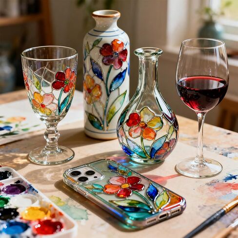 طلاء Magicdo Glass Paint ملون من الزجاج الشفاف مجموعة رائعة للطلاء الزجاجي ، ونظارات النبيذ ، ومصابيح الضوء ، والسيراميك ، وغير سامة (12 لونًا × 12 مل مع لوحة) in Kuwait