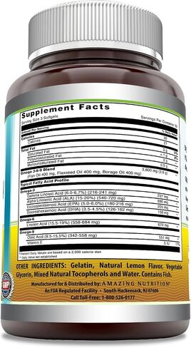 Amazing Omega 3.6.9 Supplement | 1200 Mg Per Serving | 250 Softgels | Unflavored | Non-GMO | Gluten-Free | Made in USA in Saudi Arabia