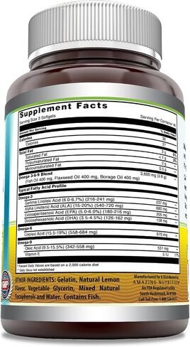 Amazing Omega 3.6.9 Supplement | 1200 Mg Per Serving | 250 Softgels | Unflavored | Non-GMO | Gluten-Free | Made in USA in Saudi Arabia