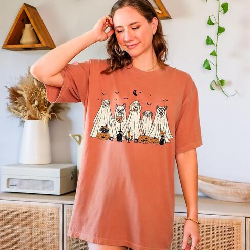 Halloween T-Shirt - Cute Dogs in Ghost Costumes Design - Funny Halloween Graphic Tee for Men, Women, Unisex, 100% Cotton in Kuwait