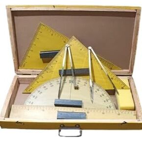 Aliza Malik Wooden Geometry Teaching Set, Yellow Box with Protractor, Rulers, Metal Dividers, 7-Piece Professional Math Drawing Tools for Schools, Classes in Saudi Arabia