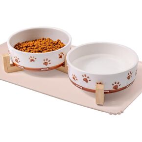 Ceramic Dog Bowls for Small and Medium Dogs, 32 OZ Dog Food and Water Bowl Set with Wooden Stand and Non-Slip Silicone Food Mat, Weighted Embossed Cute Puppy Bowls Feeding Dishes Set of 2 in Saudi Arabia