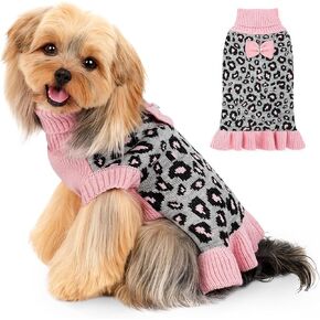 WOYYHO Dog Sweater Dress for Small Dogs Girl with Bowtie Turtleneck Dog Sweaters with Leash Hole Warm Knitted Puppy Sweater Pet Dogs Winter Clothes for Yorkies Chihuahua (M, Khaki Leopard Dress) in Kuwait