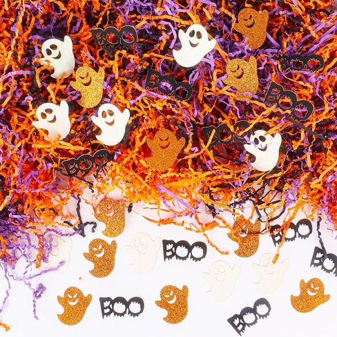 1LB Halloween Crinkle Cut Paper Shred Filler Black Purple Orange Crinkle Cut Paper with Ghost BOO Halloween Confetti for Trick or Treat Basket Filler Gift Packaging Supply in Saudi Arabia