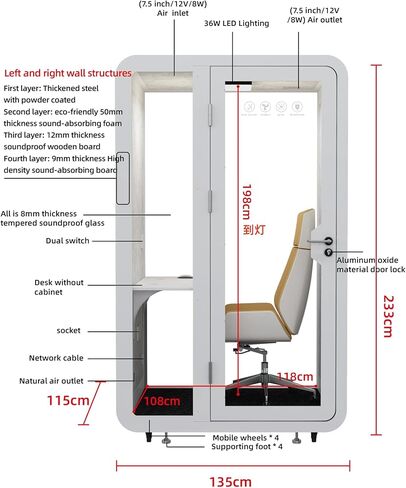 Gearonic Solo Office Sound Sound Bod Pod Privacy و Mobile Roller مع مكتب وضوء LED والمشجعين ومنافذ USB AC (أبيض) in Kuwait