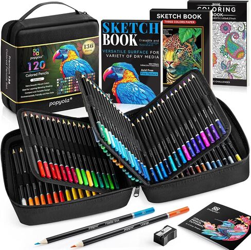 136 PCS Colored Pencils Set for Adult Coloring Books, 120 Colored Pencils with Sketchbook, Coloring Book, Sharpener, Soft Core Oil-Based Coloring Pencils for Artists Drawing Sketching Blending Shading in Kuwait