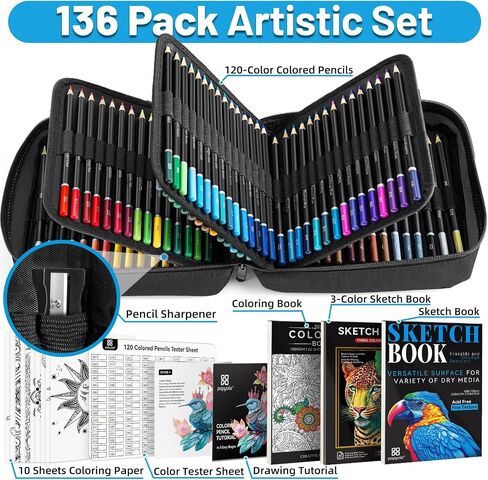 136 PCS Colored Pencils Set for Adult Coloring Books, 120 Colored Pencils with Sketchbook, Coloring Book, Sharpener, Soft Core Oil-Based Coloring Pencils for Artists Drawing Sketching Blending Shading in Kuwait
