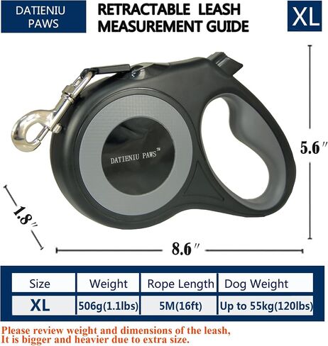 16Ft Chew Proof Retractable Dog Leash Anti-Chewing Wire Ropes Nylon Tape Reflective Walking One-Handed Brake CPXL Black in Saudi Arabia