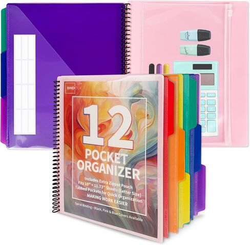 Binditek 12-Pocket Poly Project Organizer, Heavy-Duty Poly Cover, Clear Front Pocket, 6-Color Dividers with 1/3-Cut Tabs, Fixed Zipper Pouch, Letter-Size, Pink in Saudi Arabia
