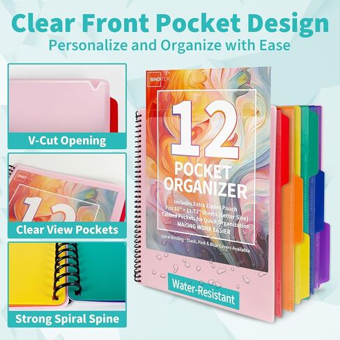 Binditek 12-Pocket Poly Project Organizer, Heavy-Duty Poly Cover, Clear Front Pocket, 6-Color Dividers with 1/3-Cut Tabs, Fixed Zipper Pouch, Letter-Size, Pink in Saudi Arabia