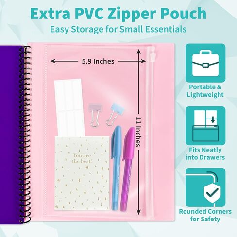 Binditek 12-Pocket Poly Project Organizer, Heavy-Duty Poly Cover, Clear Front Pocket, 6-Color Dividers with 1/3-Cut Tabs, Fixed Zipper Pouch, Letter-Size, Pink in Saudi Arabia