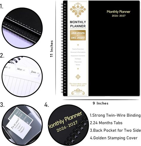2026-2027 Monthly Planner/Calendar - 2 Year Monthly Planner 2026-2027, Jan.2026 - Dec.2027, 9" x 11", 2 Years Calendar 26-27 with Tabs,+Contacts + Back Pocket + Twin-wire Binding - Black in Saudi Arabia