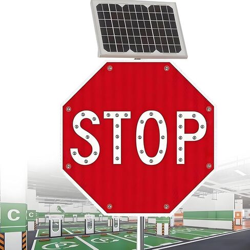 Solar LED 24"/32" Stop Sign, Solar Power Stop Flashing Traffic Signs Pedestrian Walk Sign for Lighted Illumanated Led Light Traffic Road Signs, Engineer Grade Reflective Film 60 * 60cm in Saudi Arabia