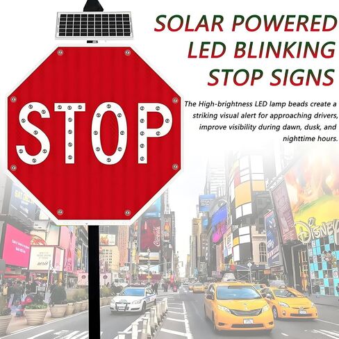 Solar LED 24"/32" Stop Sign, Solar Power Stop Flashing Traffic Signs Pedestrian Walk Sign for Lighted Illumanated Led Light Traffic Road Signs, Engineer Grade Reflective Film 60 * 60cm in Saudi Arabia