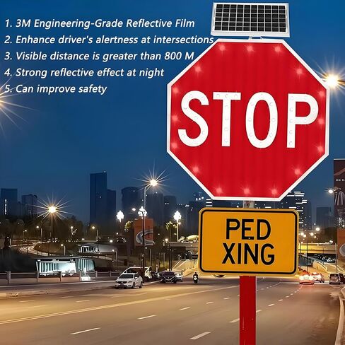 Solar LED 24"/32" Stop Sign, Solar Power Stop Flashing Traffic Signs Pedestrian Walk Sign for Lighted Illumanated Led Light Traffic Road Signs, Engineer Grade Reflective Film 60 * 60cm in Saudi Arabia