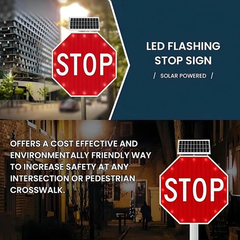 Solar LED 24"/32" Stop Sign, Solar Power Stop Flashing Traffic Signs Pedestrian Walk Sign for Lighted Illumanated Led Light Traffic Road Signs, Engineer Grade Reflective Film 60 * 60cm in Saudi Arabia