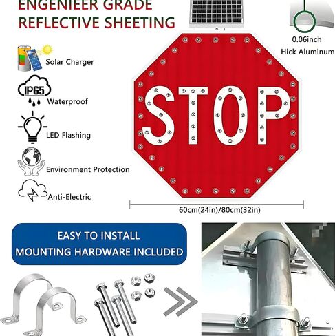 Solar LED 24"/32" Stop Sign, Solar Power Stop Flashing Traffic Signs Pedestrian Walk Sign for Lighted Illumanated Led Light Traffic Road Signs, Engineer Grade Reflective Film 60 * 60cm in Saudi Arabia