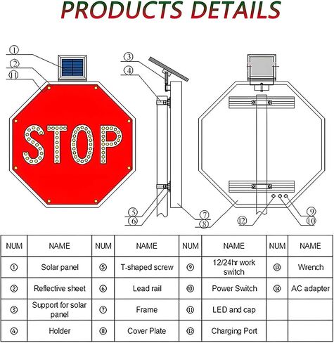 Solar LED 24"/32" Stop Sign, Solar Power Stop Flashing Traffic Signs Pedestrian Walk Sign for Lighted Illumanated Led Light Traffic Road Signs, Engineer Grade Reflective Film 60 * 60cm in Saudi Arabia