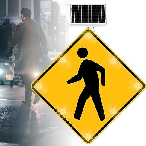 Solar Powered LED Flashing Pedestrian Crossing Sign, Solar Pedestrian LED Crossing Sign, 24''/32'' Aluminum Pedestrian Road Warning Signs Traffic, Rust-Proof Metal Frame 8Light-32''x32'' in Saudi Arabia