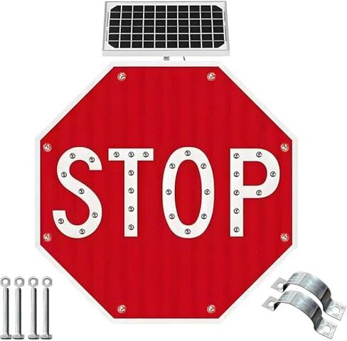 60 سم تعمل بالطاقة الشمسية LED لافتة حركة المرور وعلامة التوقف الثقيل والثقيلة للطرق السريعة والمدارس ومواقع البناء-تسهيل التثبيت ، حل السلامة المقاوم للرياح in Kuwait