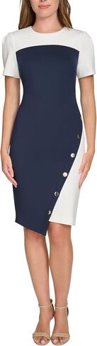 Tommy Hilfiger Women's Short Sleeve Jewel Neck Colorblock Studded Asymmetrical Hem Crepe Mini Dress in Kuwait