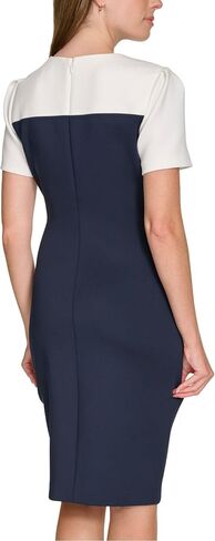 Tommy Hilfiger Women's Short Sleeve Jewel Neck Colorblock Studded Asymmetrical Hem Crepe Mini Dress in Kuwait