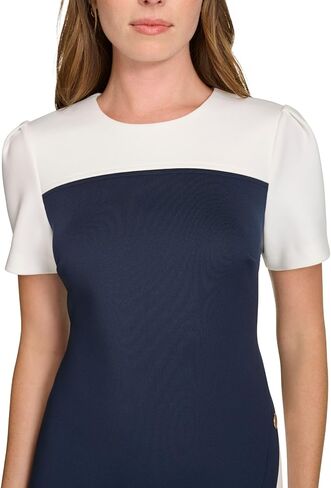 Tommy Hilfiger Women's Short Sleeve Jewel Neck Colorblock Studded Asymmetrical Hem Crepe Mini Dress in Kuwait
